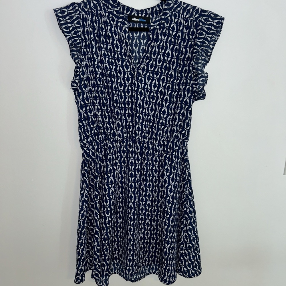 Alice Blue Women's Large Dress Navy White Geese‎ Polyester V-Neck Elastic Waist